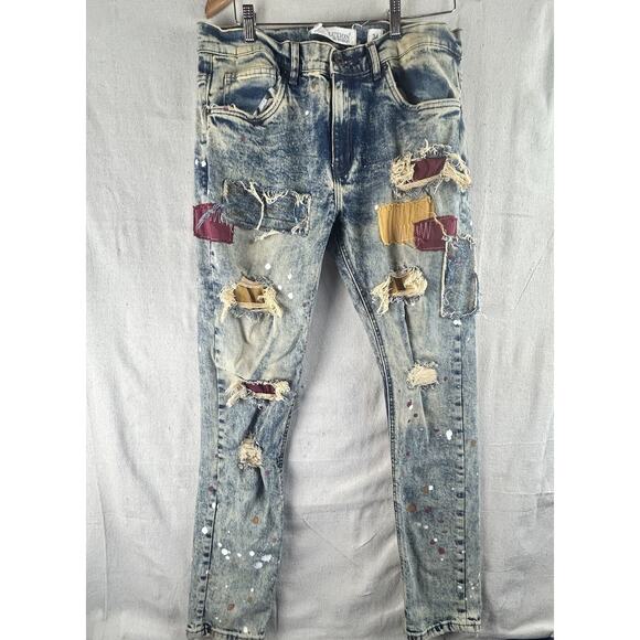Evolution In Design Jeans Mens 34 Biker Distressed Denim Patchwork Red Yellow - Picture 1 of 14